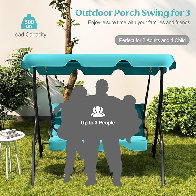 Tangkula 3 Person Porch Swing, Patio with Removable Cushion & Powder-Coated Steel Frame, Outdoor Swing with Canopy for Porch, Backyard, Garden, Balcony (Turquoise)