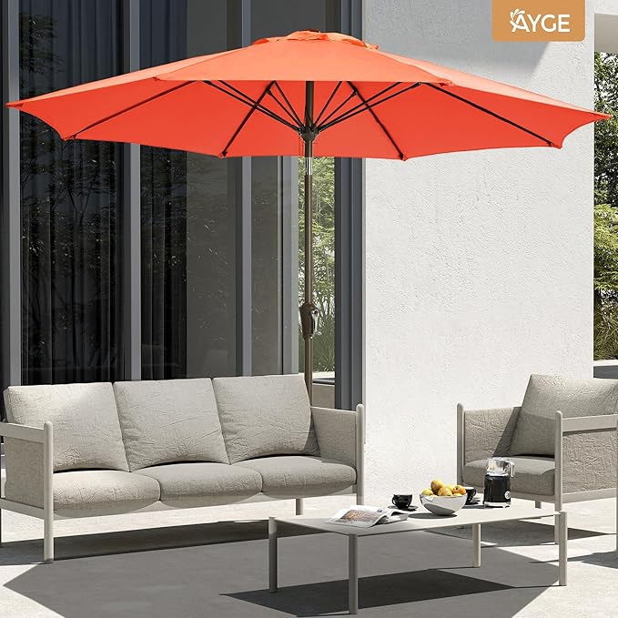 Ayge 9FT Large Outdoor Patio Umbrella Market Table Umbrella-UV Resistant, Easy Push Button Tilt and Crank, 8 Sturdy Fiberglass Ribs Heavy-Duty Pool Umbrella for Deck, Backyard,Garden,Orange