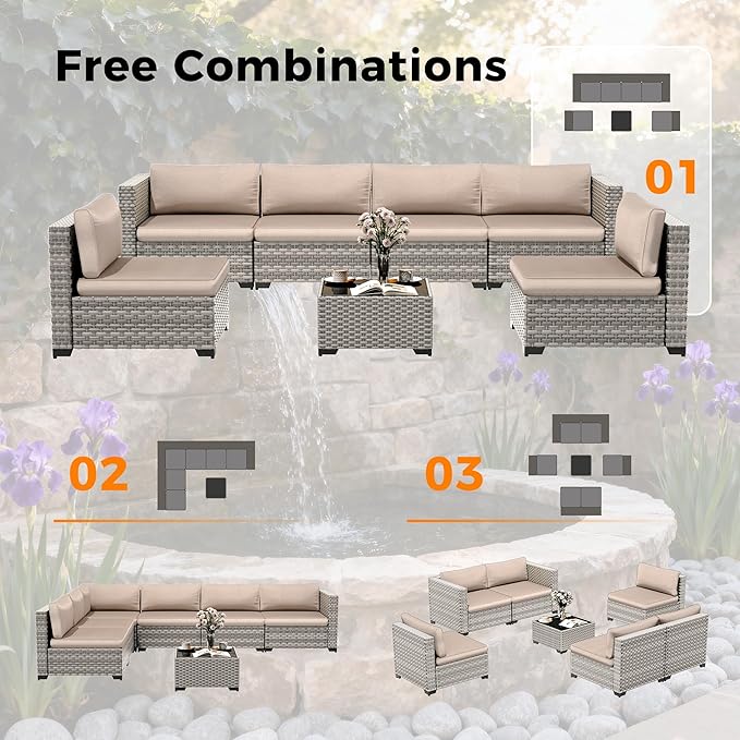 6-Seat Modular Patio Furniture Set – Outdoor Wicker Sectional Sofa with Thick 4″ Cushions, Dual-Strand PE Rattan, Rust-Resistant 18 mm Steel Frame, Backyard Garden Deck Lounge,Beige