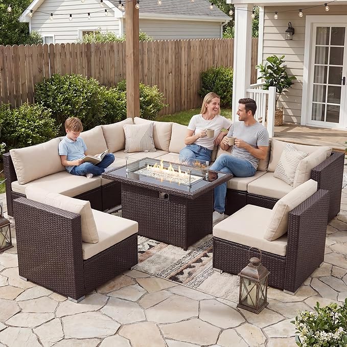 NICESOUL 9 Piece Modern Extra-Large Outdoor Patio Sectionals with Fire Pit Table Natural Gas & Propane, 29.3'' High Back Comfortable Conversations for Outside, Deep Seating Modular Sofa Couches, Tan