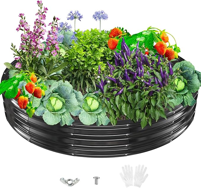 Durable Round Galvanized Steel Raised Garden Bed for Planting,Round Galvanized Steel Fire Ring/Fir Pit for Outdoor- 6×6×1FT,0.8MM Thick (Black, 72 ins Diameter x 12 ins high)