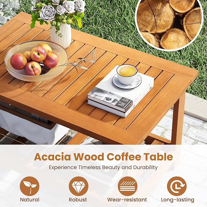 Tangkula Outdoor Acacia Wood Coffee Table, Patio 29.5” Rectangle Slatted 2 Tier Coffee Table with Storage Shelf, for Outside Balcony Patio Poolside