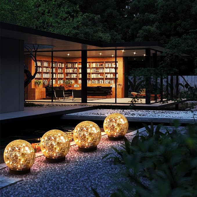 Solar Globe Lights Outdoor Waterproof-Solar Balls-Solar Garden Lights-Orbs for Outside 4 Pack Cracked Glass Ball for Lawn Patio Yard Backyard Decorations