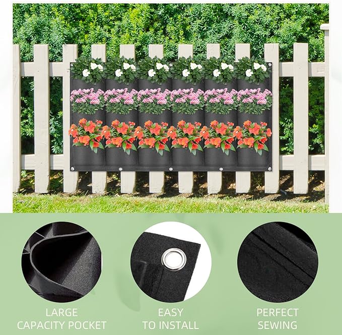 LITLANDSTAR 18 Pockets Hanging Grow Bags, 2 Pack Horizontal Wall Planter Plant Grow Bags Outdoor Indoor Hanging Planter for Balcony/Railing/Fence/Yard/Garden/Home Decoration, Black