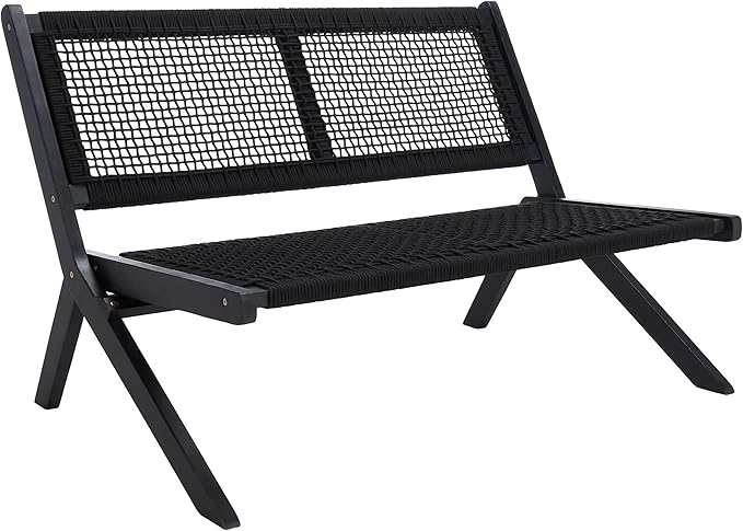 SAFAVIEH Outdoor Collection Kobina Black Acacia Wood/Black Rope Foldable Bench
