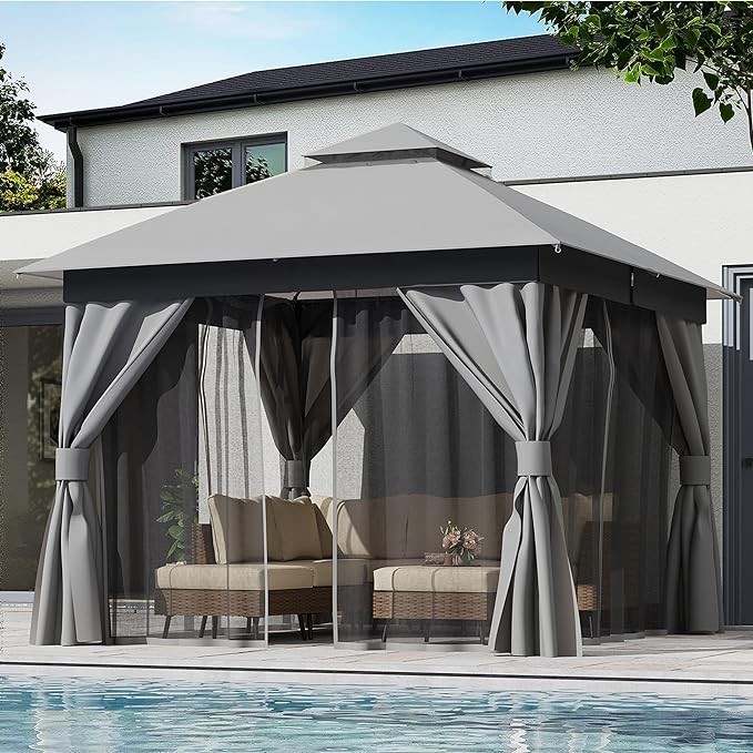 LAUSAINT HOME Semi-Permanent Outdoor Patio Gazebo 10'x10', Heavy Duty Party Tent Shelter with Double Roofs, Mosquito Nettings and Privacy Screens for Backyard, Garden, Lawn, Gray