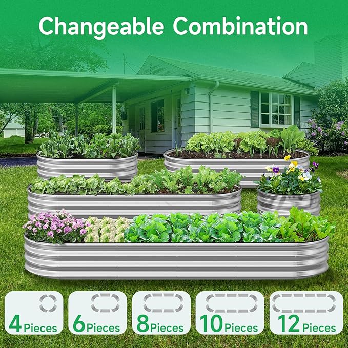 GreatBuddy Galvanized Raised Garden Bed 8×2×1ft, Easy Assembly Outdoor Metal Planter Boxes for Vegetables, Flower, Herb, Anti-Rust& Weather-Resistant, Oval, Silver