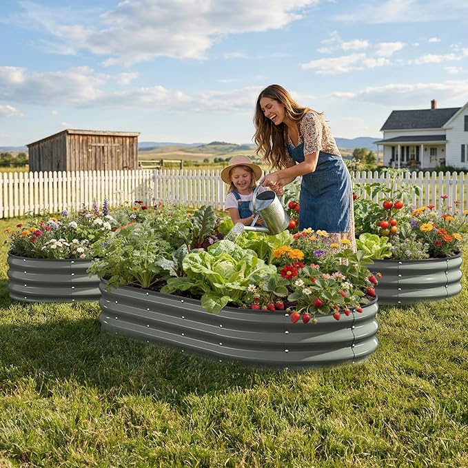 Galvanized Raised Garden Bed 6x3x1 FT, Oval Metal Raised Garden Bed Outdoor Planter Box with Open Bottom, Rust-Resistant Steel Garden Bed for Vegetables Herbs Flowers, Easy Assembly