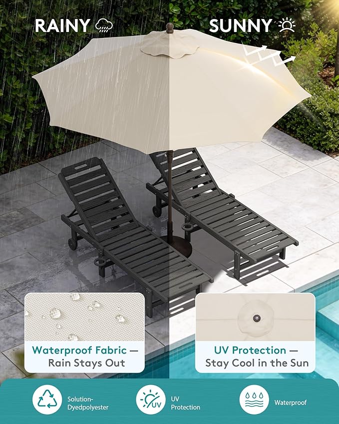 SERWALL Outdoor Chaise Lounge Set of 2 with 9FT Patio Umbrella, HDPE Pool Lounge Chair with 5-Position Adjustable Backrest, Patio Lounger with Rolling Wheels & Cup Holder for Pool, Grey