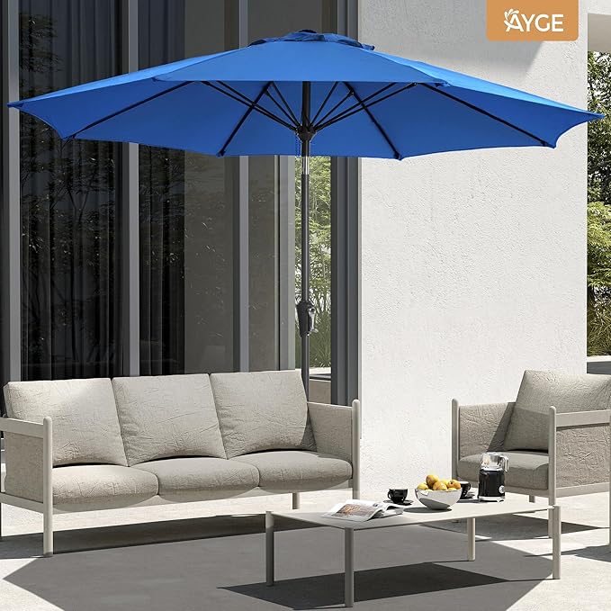 Ayge 9FT Large Outdoor Patio Umbrella Market Table Umbrella-UV Resistant, Easy Push Button Tilt and Crank, 8 Sturdy Fiberglass Ribs Heavy-Duty Pool Umbrella for Deck, Backyard,Garden,Blue