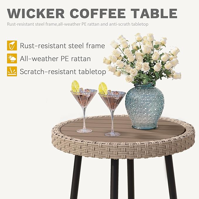 DWVO 3 Piece Patio Bistro Set, Patio Furniture Set Outdoor Wicker Bistro Rattan Chair Conversation Sets with Coffee Table for Yard Backyard Lawn Porch Poolside Balcony, Grey