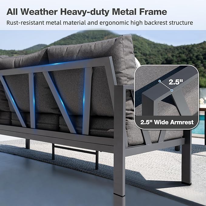 Outdoor Furniture Set, Patio Couch Sectional with Ottoman, 3 Pieces Outdoor Patio Sofa Set Deep Seating with 6" Thick Cushions, Dark Grey