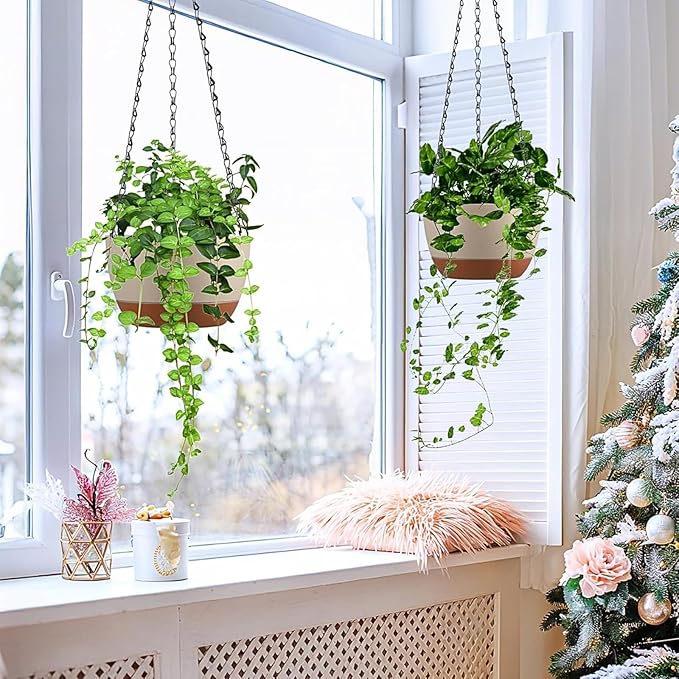 Hanging Planters for Indoor Plants, Set of 2 8/10 Inch Self-Watering Hanging Pots with Drainage Hole & Removable Water-Storage Tray II Screw-in Hooks