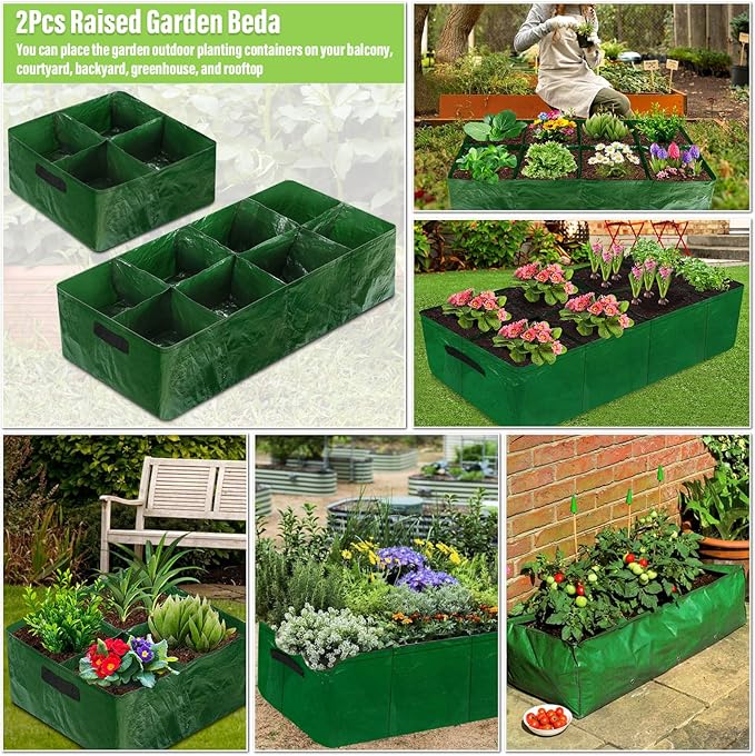 Fabric Raised Garden Bed, 2 Pack 8 Grids and 4 Grids, 128 Gallon Rectangle Grow Bags with Drainage Holes, Breathable PE Planting Containers for Outdoor Vegetables Fruits Flowers