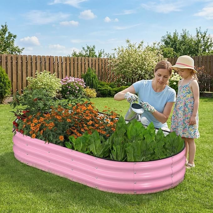 Raised Garden Bed, 6x3x1ft Galvanized Outdoor Planter Beds with Safety Edging and Gloves, Oval Metal Planter Box for Gardening Vegetables Flowers Herb-Blossom Pink