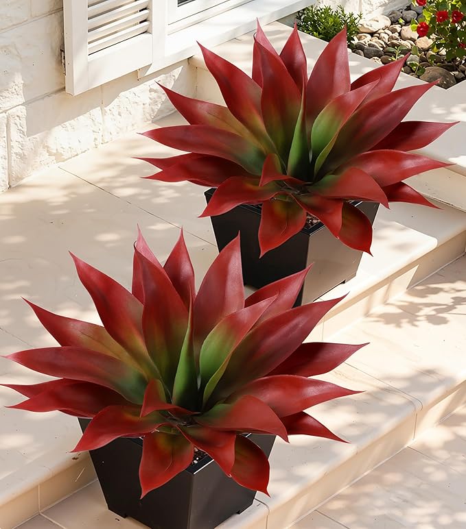 Ivydale Fake Plants 18 Inch Agave Artificial Plants Outdoor 2 PCS for Outside Decoration, Faux Greenery UV Resistant Artificial Outdoor Plants for Front Door Porch Planter Urn Patio Garden Yard(Red)