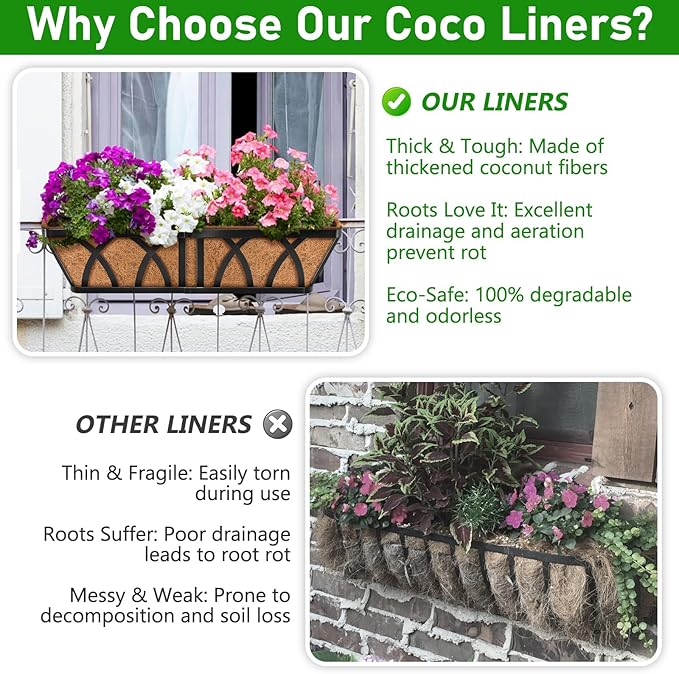Riare 4 Pack 24 Inch Rectangle Coconut Liners for Planters, Natural Coconut Fiber Planter Liners, Window Box Liner Trough Coco Liner for Outdoor Flower, Garden Wall, Deck & Fence Planter Boxes
