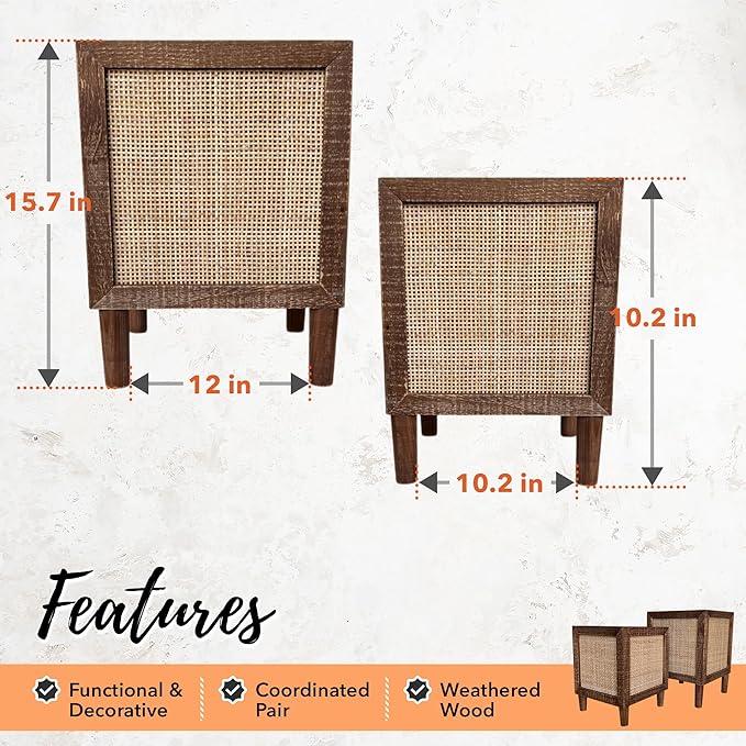 Autumn Alley Rustic Boho Large Indoor Planter - Rattan Planter Boxes Outdoor Set of 2 – Wooden Indoor or Outdoor Plant Box Stands – Decorative Square Woven Rattan Flower Pots for Home & Office