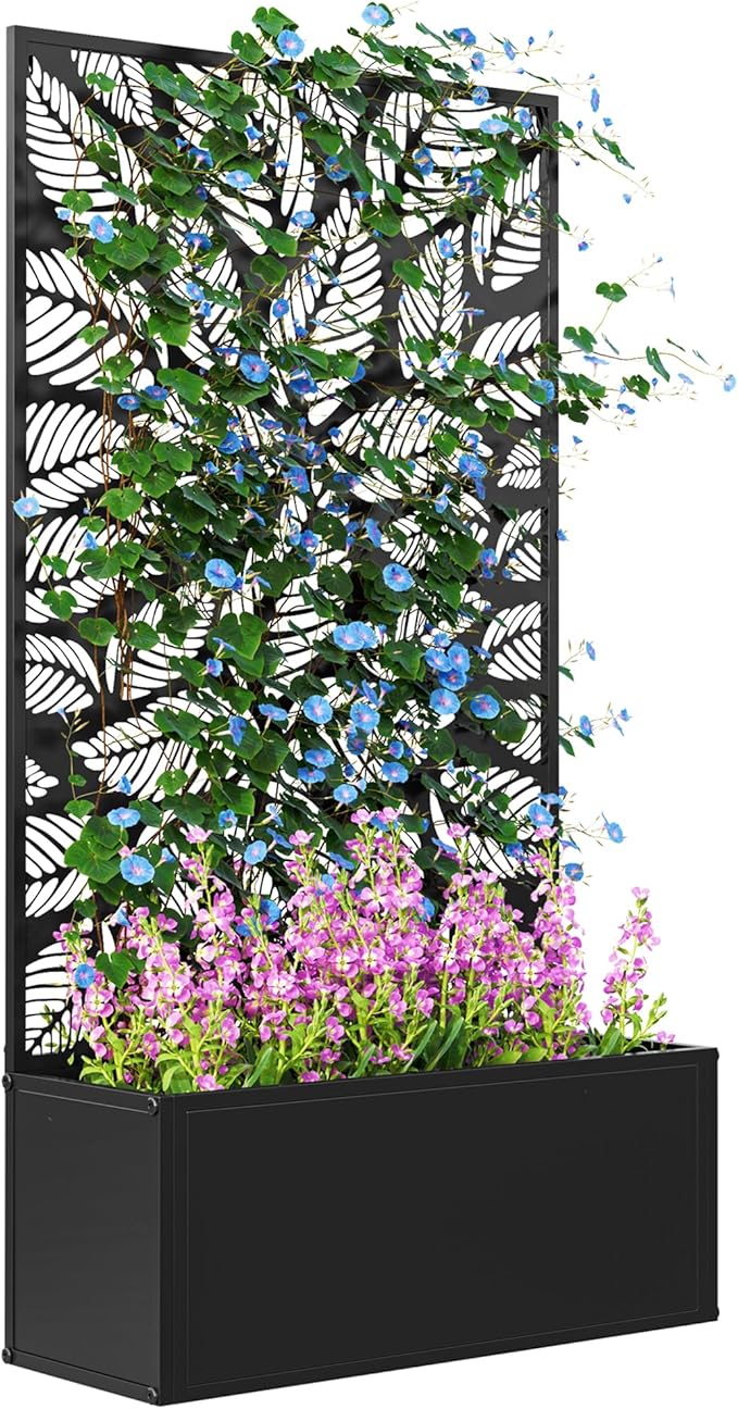 Outsunny Metal Raised Garden Bed with Trellis for Climbing Plants, Freestanding or Wall Mounted Flower Bed with Privacy Panel, Small Leaves Cut-Outs Outdoor Planter Box for Garden, Patio, Balcony