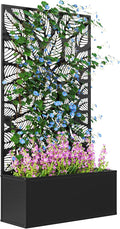 Outsunny Metal Raised Garden Bed with Trellis for Climbing Plants, Freestanding or Wall Mounted Flower Bed with Privacy Panel, Small Leaves Cut-Outs Outdoor Planter Box for Garden, Patio, Balcony
