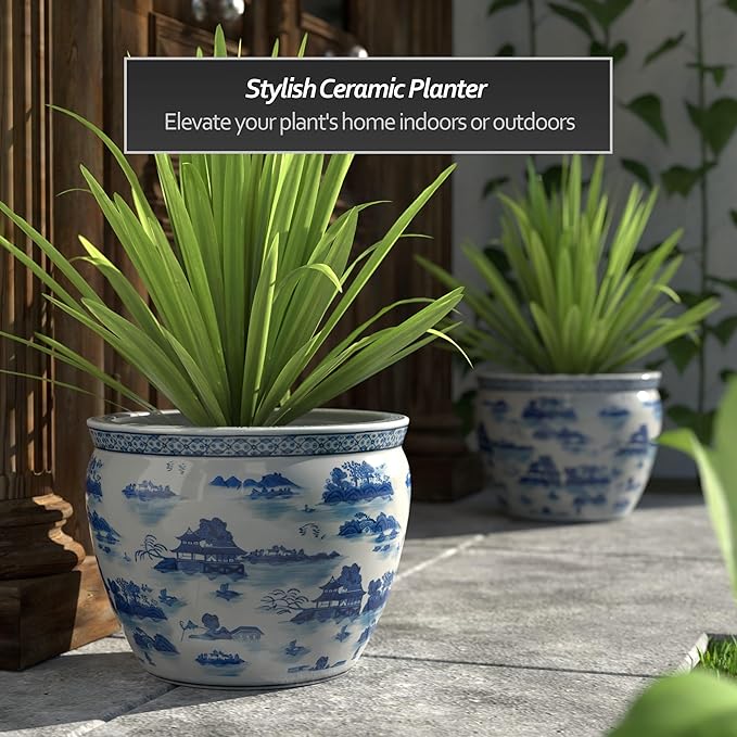 Red Lantern 16" Landscape Blue & White Porcelain Fishbowl Planter or Cachepot for Indoor/Outdoor Use in Garden Entryway Living Room Boho Eclectic Modern Contemporary Classic Traditional Style Decor