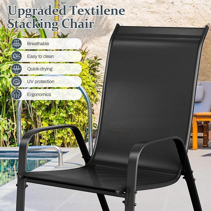 TLSUNNY 7 Pieces Patio Dining Set, Outdoor Table and Chairs W/1.69″ Umbrella Hole, 30"X 55" Table and Stackable Textilene Chair, All Weather Patio Furniture Set (Umbrella not Included) (Black)