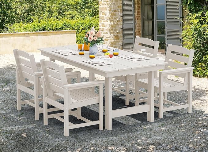 SERWALL 7-Piece Patio Dining Table Sets, Outdoor HDPE Dining Furniture Set with Umbrella Hole Cut-Out Table and 6 Chairs, White