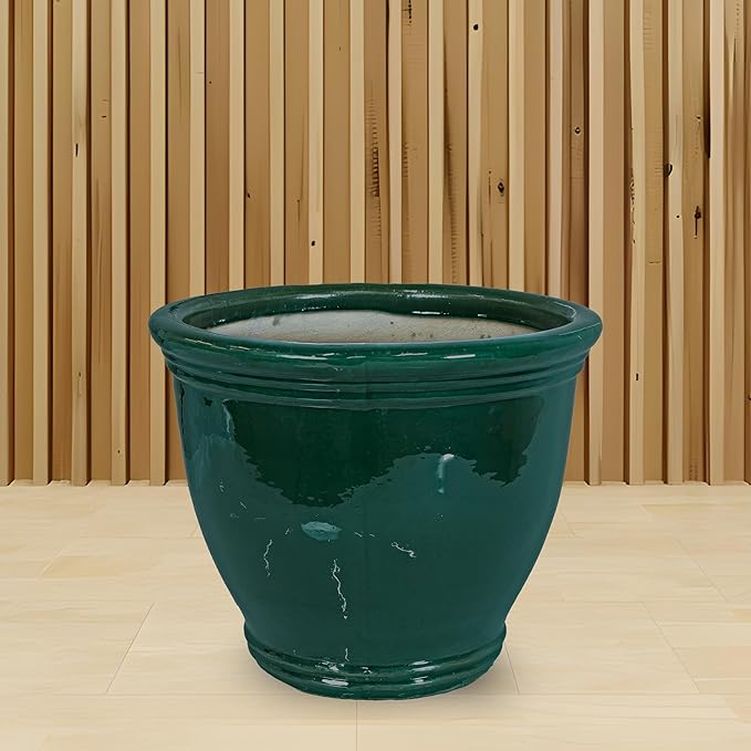 Sunnydaze Large Ceramic Plant Pot - Round Outdoor Glazed Ceramic Planter Pot with Drainage - Studio - Dark Green - 15"