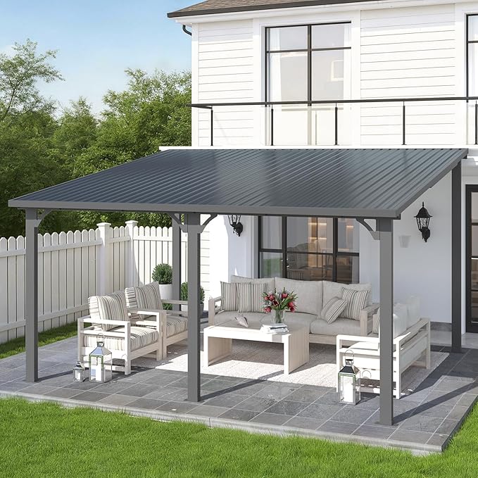 AECOJOY 12' x 14' Outdoor Hardtop Metal Gazebo for Patio, Large Lean to 14x12 Galvanized Steel Heavy Duty Wall Mounted Pergolas and Grill Gazebos Clearance, Patio Pergola Metal Roof Awnings for Decks