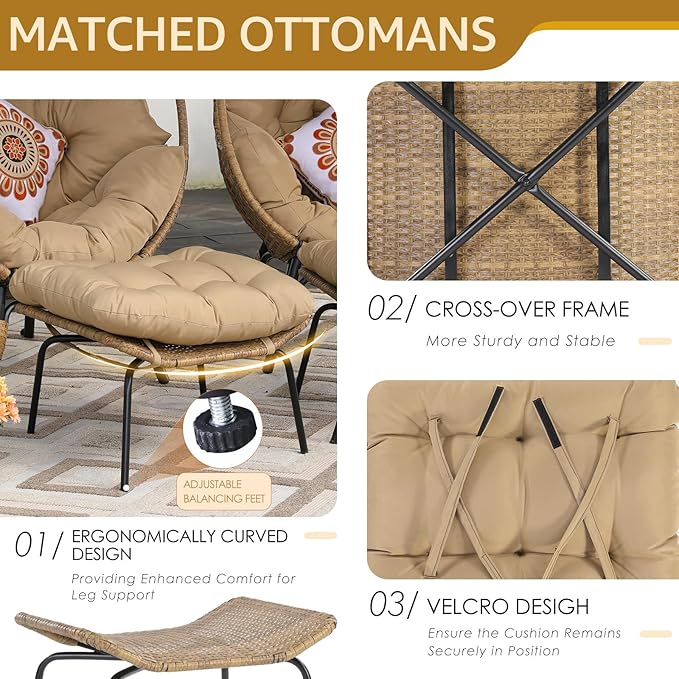 NICESOUL Double Egg Chair with Footstools & Cushions, Oversized Wicker Boho Chair Extra Large with Footrests Stationary 2 Person Loveseat Comfort Deep Seating for Indoor Outdoor