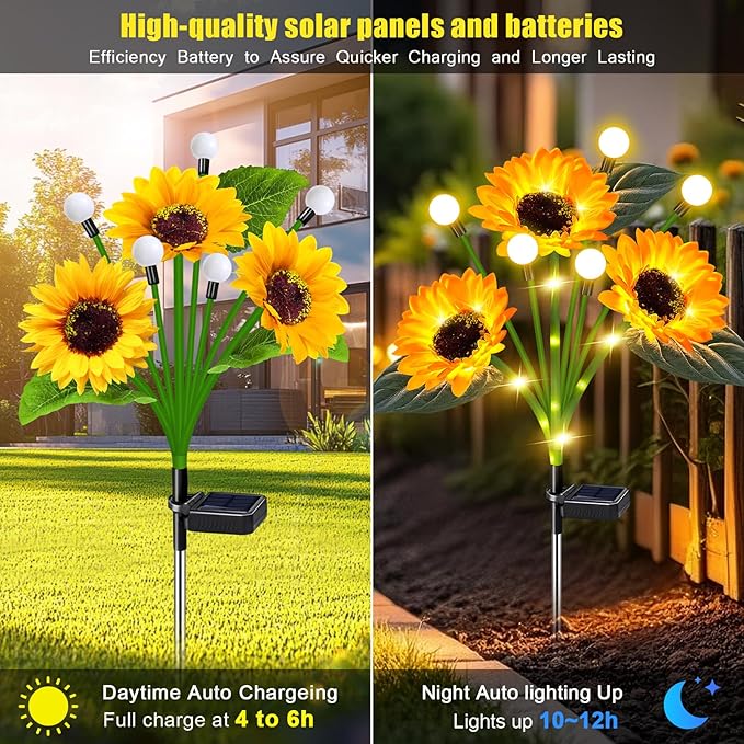Solar Lights Outdoor Garden Decor,4 Pack Sunflower with Firefly Lights,Solar Flowers Lights Waterproof,Birthday Gifts for Mom Women Grandma,Outside Decorative Garden Stakes for Yard Patio Porch Lawn