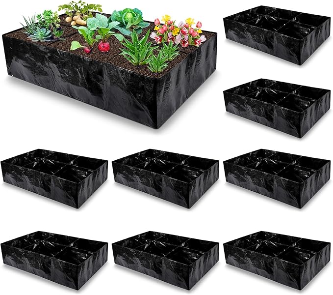 Woanger 8 Pcs 35 Gallon Fabric Raised Garden Bed Garden Bags to Grow Vegetables Planting Garden Containers for Vegetables Outdoor Grow Boxes with 6 Grids Rectangle Planter Pots for Potato Tomato Fruit
