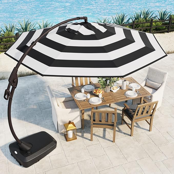 Grand patio 12FT Outdoor Round Offset Umbrella Large Patio Aluminum Cantilever Umbrella with Base for Garden Deck Poolside (Black & White, 12 FT)