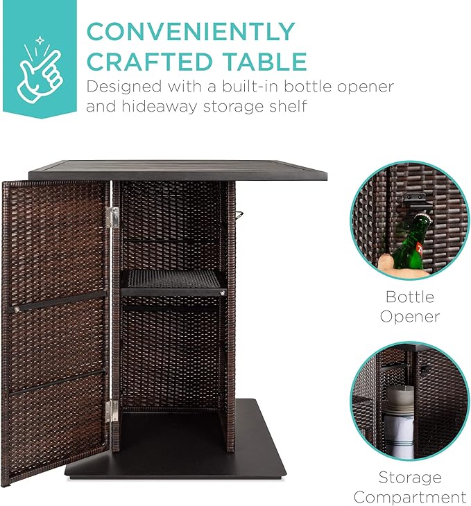 Best Choice Products 5-Piece Outdoor Wicker Bar Table Set for Patio, Poolside, Backyard w/Built-in Bottle Opener, Hidden Storage Shelf, Metal Tabletop, 4 Stools - Brown
