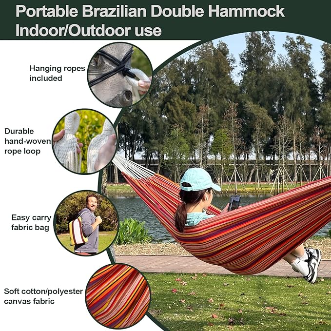 JoyView Brazilian Double Hammock with Hanging Ropes Extra Large 86.6x59” Portable Cotton Hammock for Patio Backyard Porch 450LBS Weight Capacity Perfect for Outdoor/Indoor - Blue & White Stripes