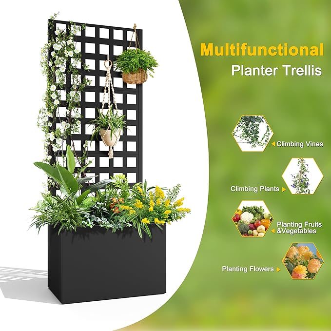 FENCY Metal Planter Box with Trellis, Planter Trellis for Climbing Plants Vegetable Vines, Trellis with Planter Box & Privacy Screen, Raised Garden Bed with Drainage Holes (23.6" L x 63" H/Lattice)