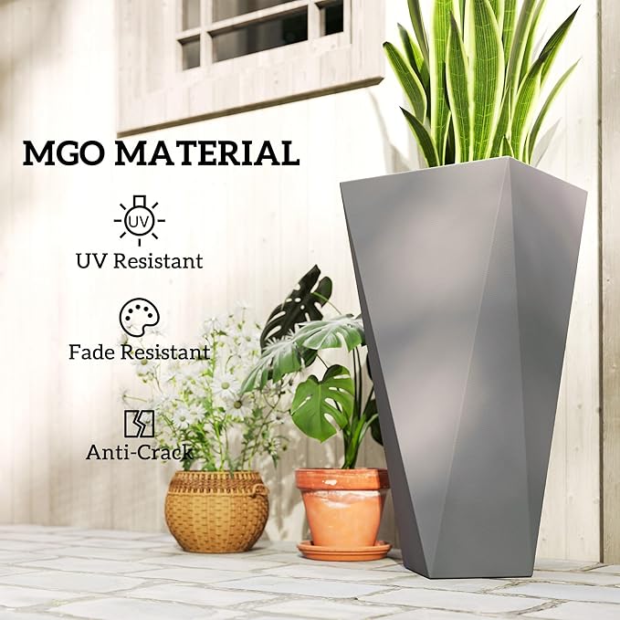 Outsunny Set of 3 Tall Planters, 28.75", 24.5", 20.5", MgO Indoor Outdoor Planters with Drainage Holes, Stackable Flower Pots for Garden, Patio, Balcony, Front Door, Gray