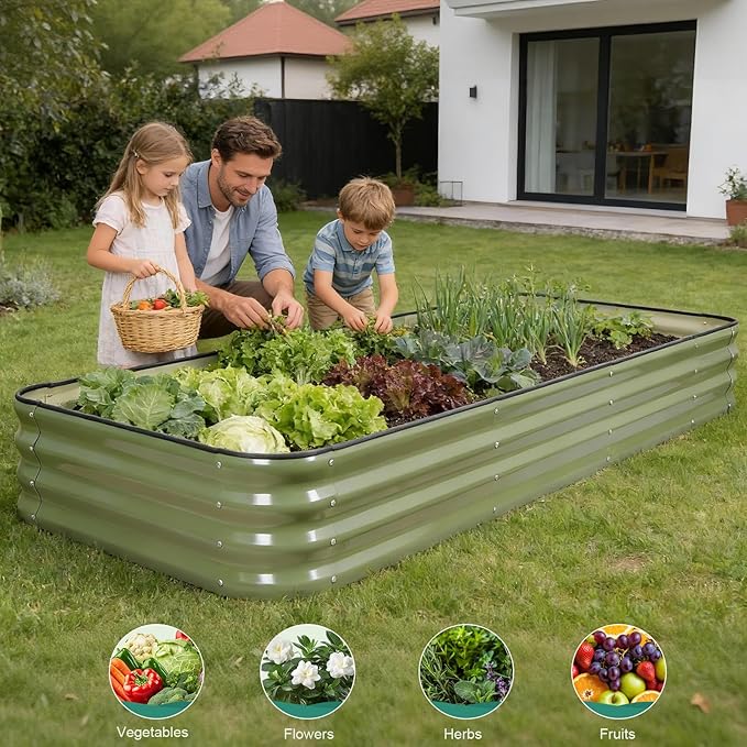 5 in 1Galvanized Raised Garden Bed - 8x3x1ft Modular Garden Planter Bed Outdoor | Steel Raised Bed Kit with Bracing Rods, Gloves for Gardening Vegetables Fruits and Flowers (Green)