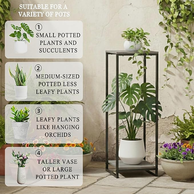 34" Tall Plant Stand Indoor, 2-Tier Modern Plant Shelf, Corner Flower Pot Holder Organizer for Living Room Balcony Patio Garden (Oak Grey)
