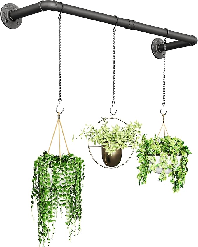 Plant Haning Rod, Hanging Planters for Indoor Plants with 3 Chains, Wall Plant Hanging Bar for Window Celling, 38.2 Inch, Metal Black, Pots Not Included