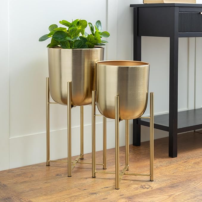 CosmoLiving by Cosmopolitan Metal Indoor Outdoor Planter Dome Large Planter Pot with Removable Stand, Set of 2 Planters 19", 22"H, Gold
