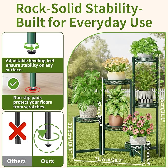 Metal Plant Stands Indoor Outdoor, 6 Tier Plant Stand Corner Plant Shelf, Folding Tall Plant Rack, Heavy Duty Iron Flower Display Holder Stand for Living Room Patio Porch Balcony - GreenFlower