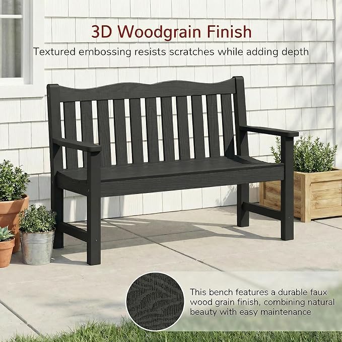 Stoog All-Weather 2-Person Outdoor Bench, 800 lbs Capacity HIPS Plastic Garden Bench for Patio, Backyard, Porch and Park, Never Fades & Rust-Proof, Black