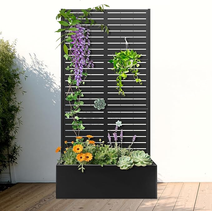 FENCY Metal Raised Garden Bed with Trellis, Metal Planter Box with Trellis, Garden Box for Climbing Plants Vegetable, 35" Lx16 Wx71 H Garden Bed with Drainage Holes(Black-Louvered)