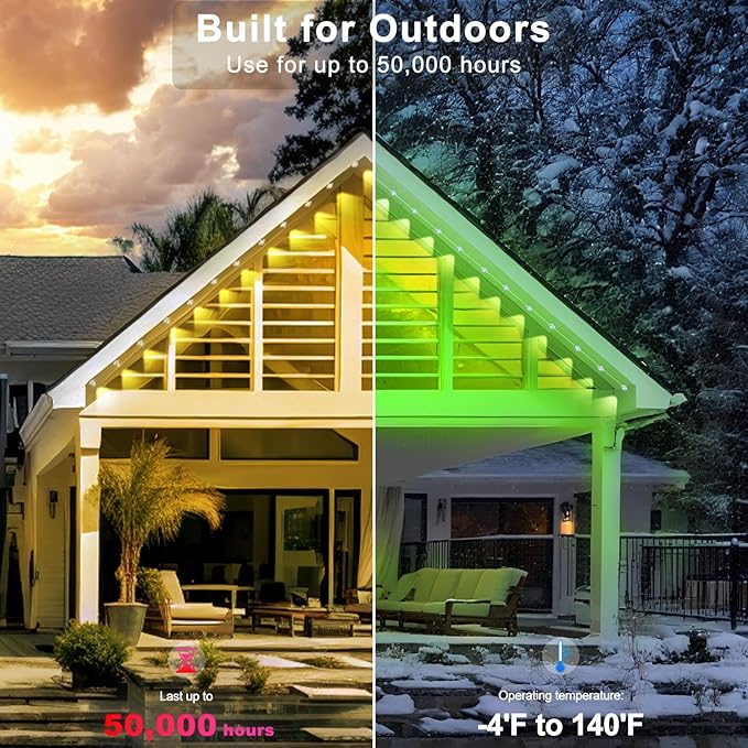300FT Permanent Outdoor RGB Lights - Waterproof Smart LED Eaves Lights with App/Remote Control, Music Sync & DIY Scenes, Perfect for Christmas, Halloween, Parties & Daily Decor, Ideal for House Roof