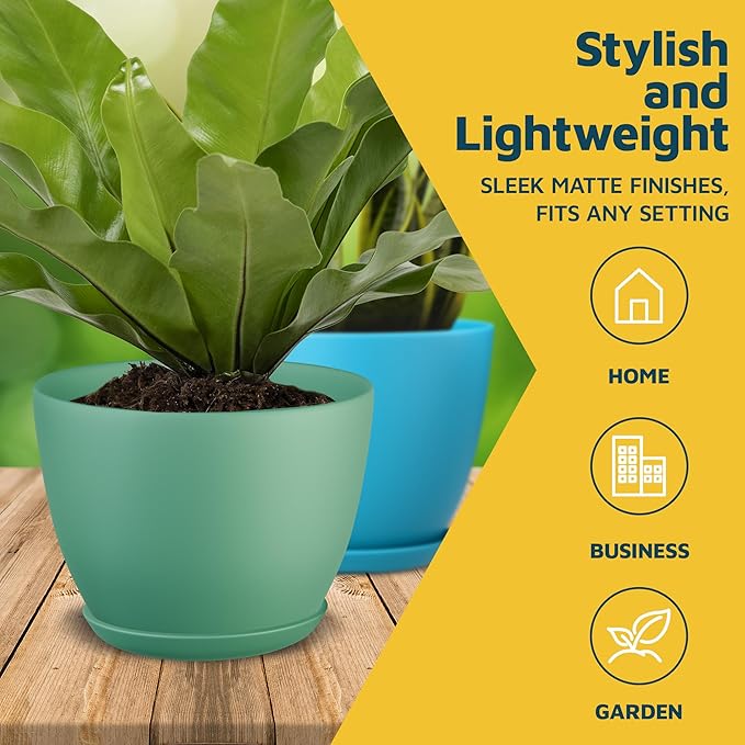 Multicolor Plant Pots with Drainage Holes & Saucers 15 Pack, Indoor & Outdoor Stackable Space-Saving Planters for Houseplants & Flowers, (7", 6.7", 6", 5.3", and 4.8" Inches), Durable & Weatherproof
