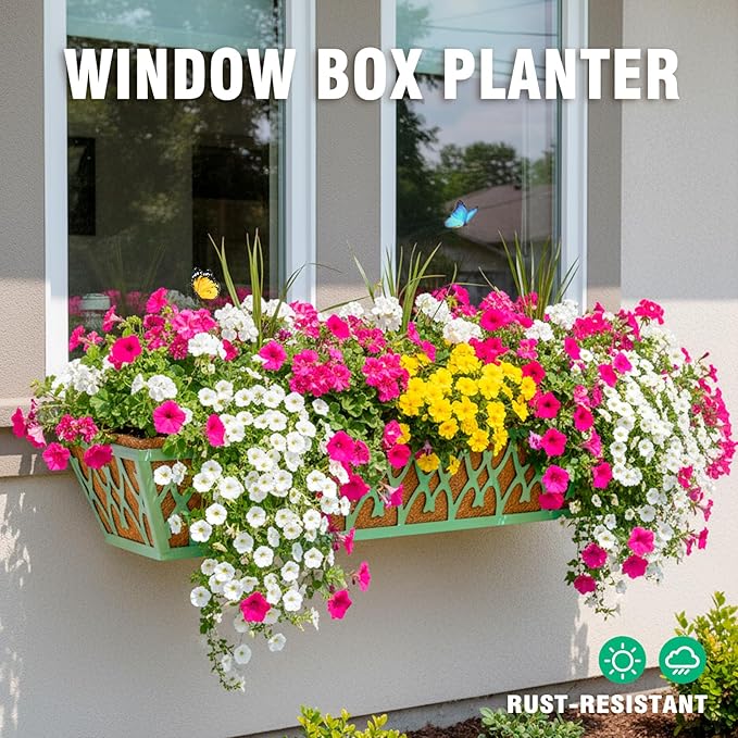 6 Pack 24 Inch Window Boxes Planters Railing Planter Box with Adjustable Brackets for Porch Fence Patio Balcony Hanging Flower Baskets with Coco Liners for Outdoor Garden Decor - Green