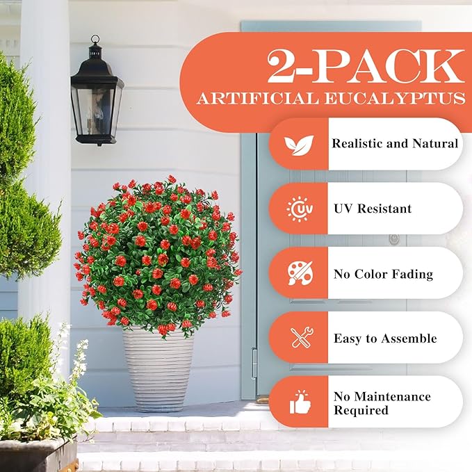 Artificial Topiary Bushes for Outdoors with Spike, Boxwood Ball Fake Shrubs UV Resistant Faux Plants for Indoor Outdoor Fall Thanksgiving Halloween Decor (Artificial Boxwood Ball Bush-Red)