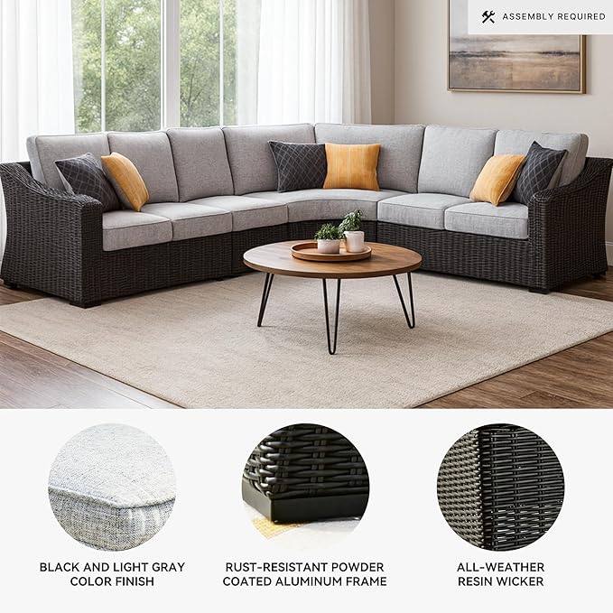 Signature Design by Ashley Beachcroft Curved Modern 4-Piece Outdoor Sectional with Cushion and 6 Throw Pillows, Light Gray