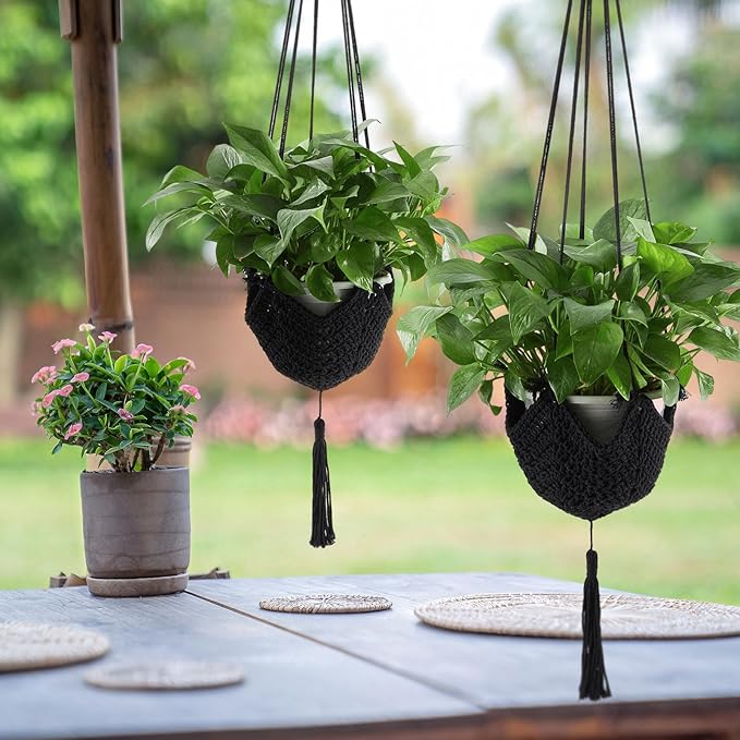 Shappy 1 Pack Jute Crochet Long Plant Hanger for 3 Inch to 12 Inch Pots, Macrame Plant Holder Rope with S Shaped Hooks for Halloween Home Decor (Black)